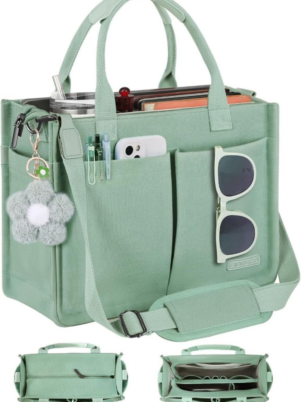 Stylish Women's Canvas Tote Bag with Zipper Top, Compartments & Luggage Sleeve
